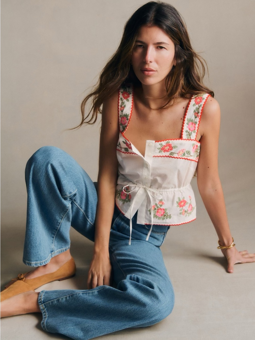 Sezane Nouri Top Pink Green Placement Embroidery Ecru Background - Size 4